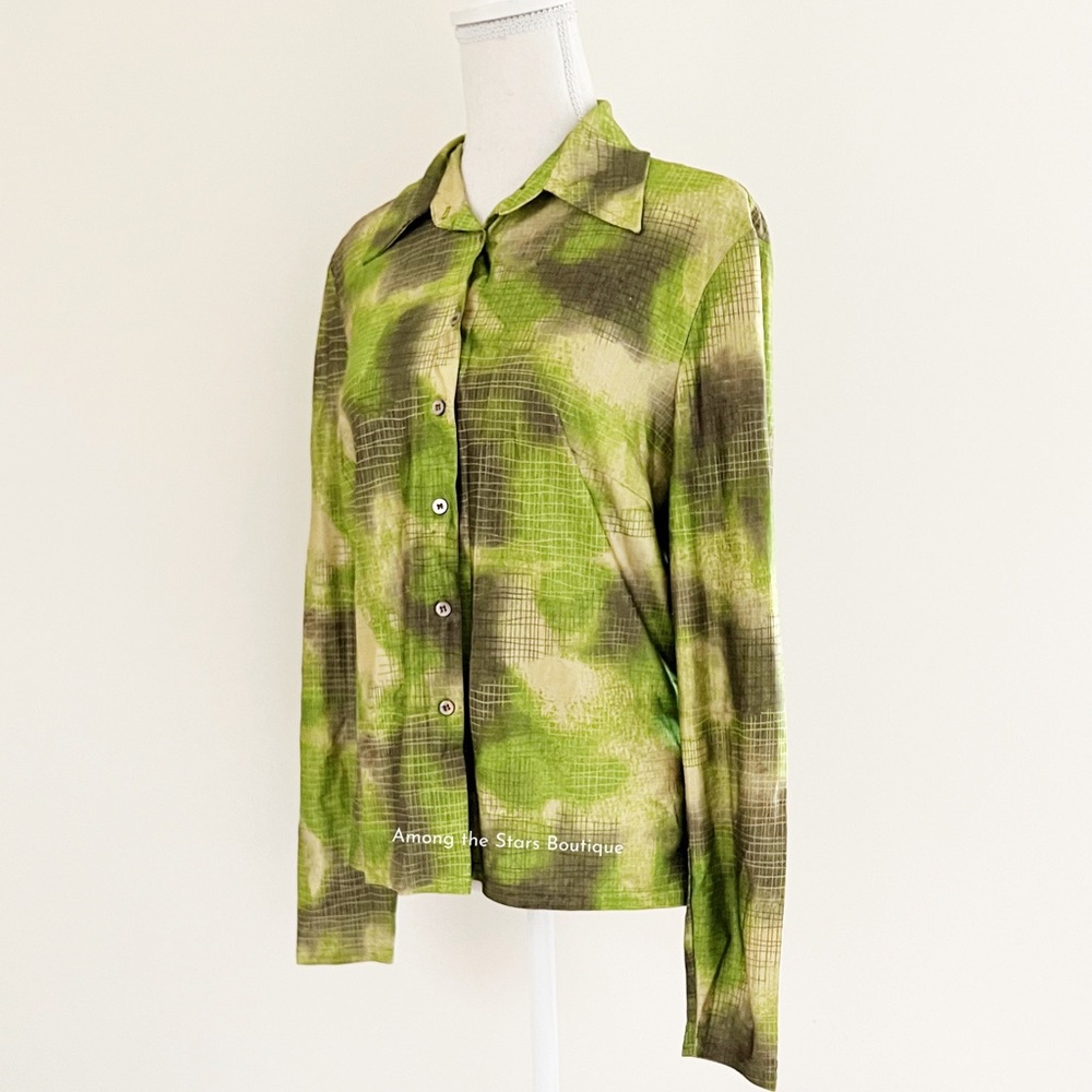Very Rare 90s Vintage Green Abstract Print Button-Up Blouse ASO Cordelia in BTVS - Picture 11 of 14